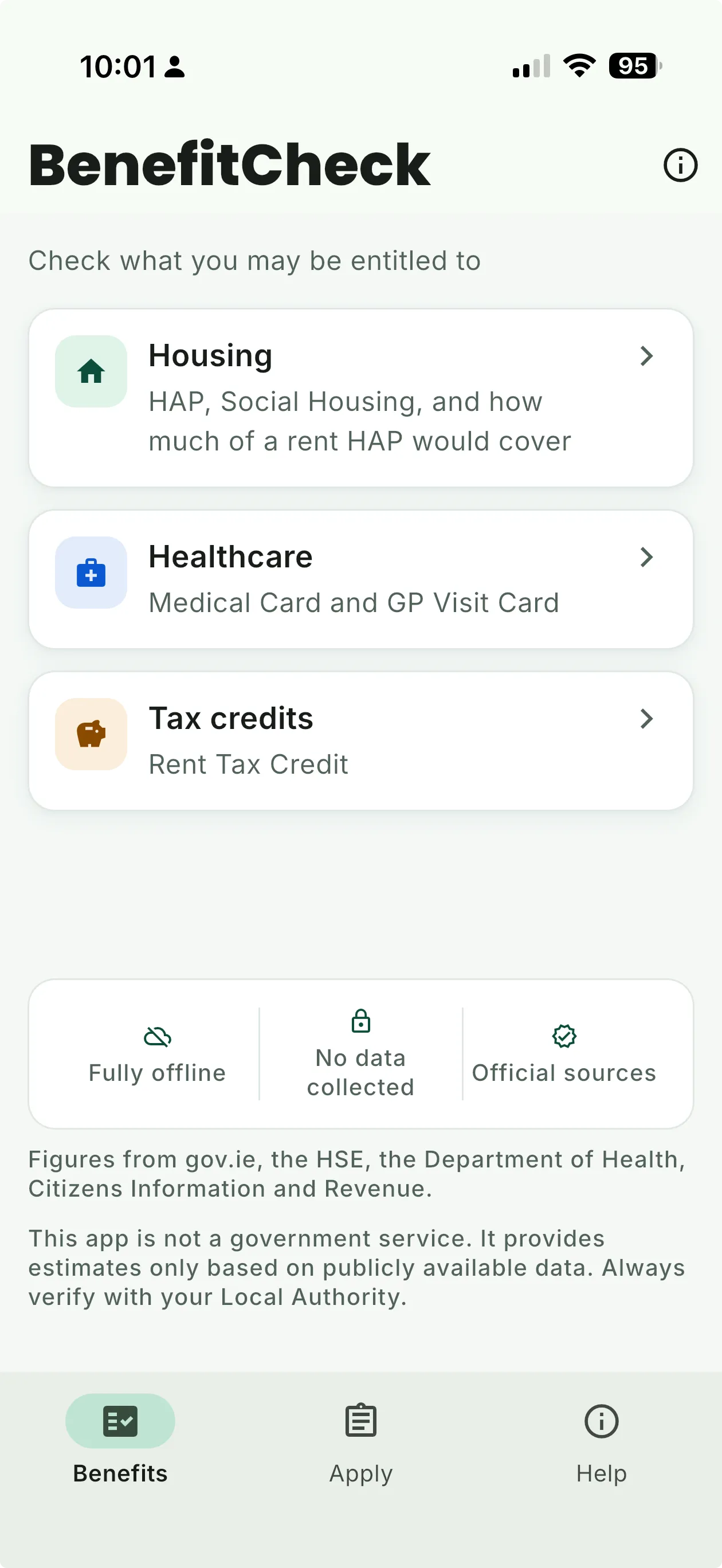 BenefitCheck Ireland home screen listing housing, healthcare and tax credit checks