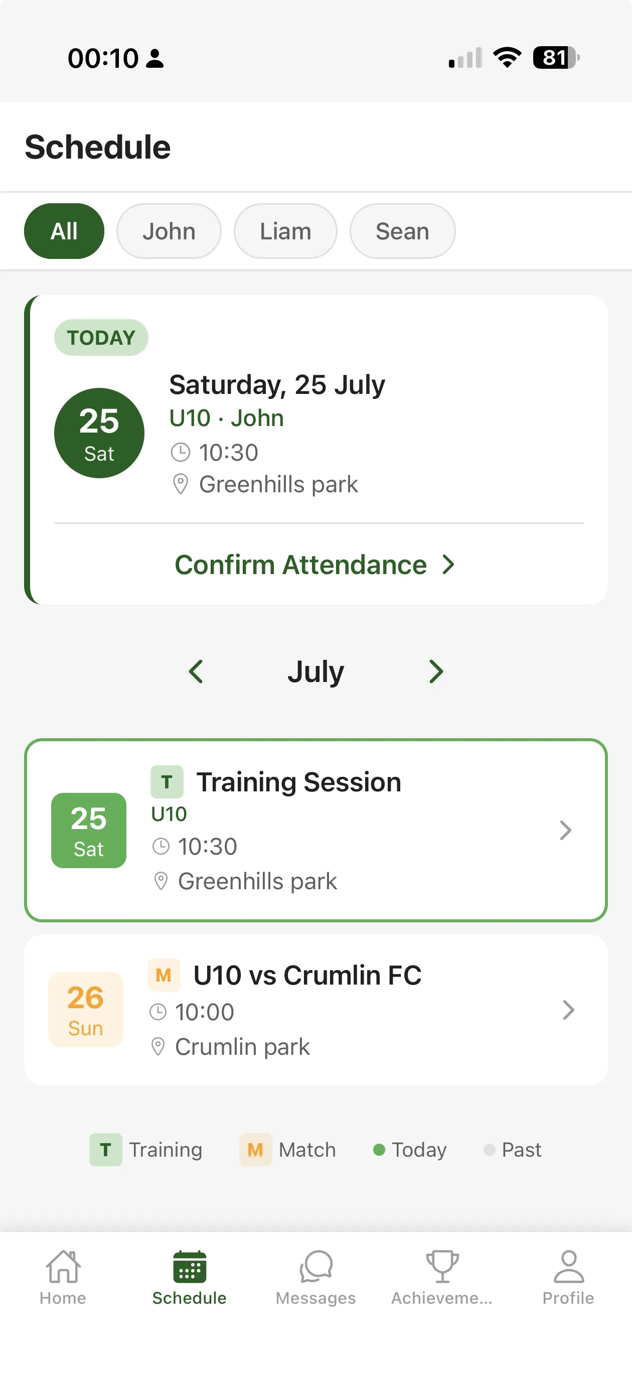 Club Team Management schedule screen showing an upcoming training session and match with times and locations