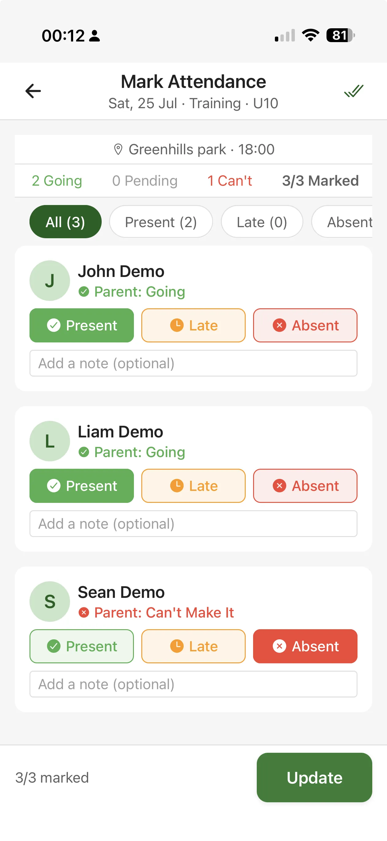 Club Team Management attendance screen marking each player present, late or absent for a session