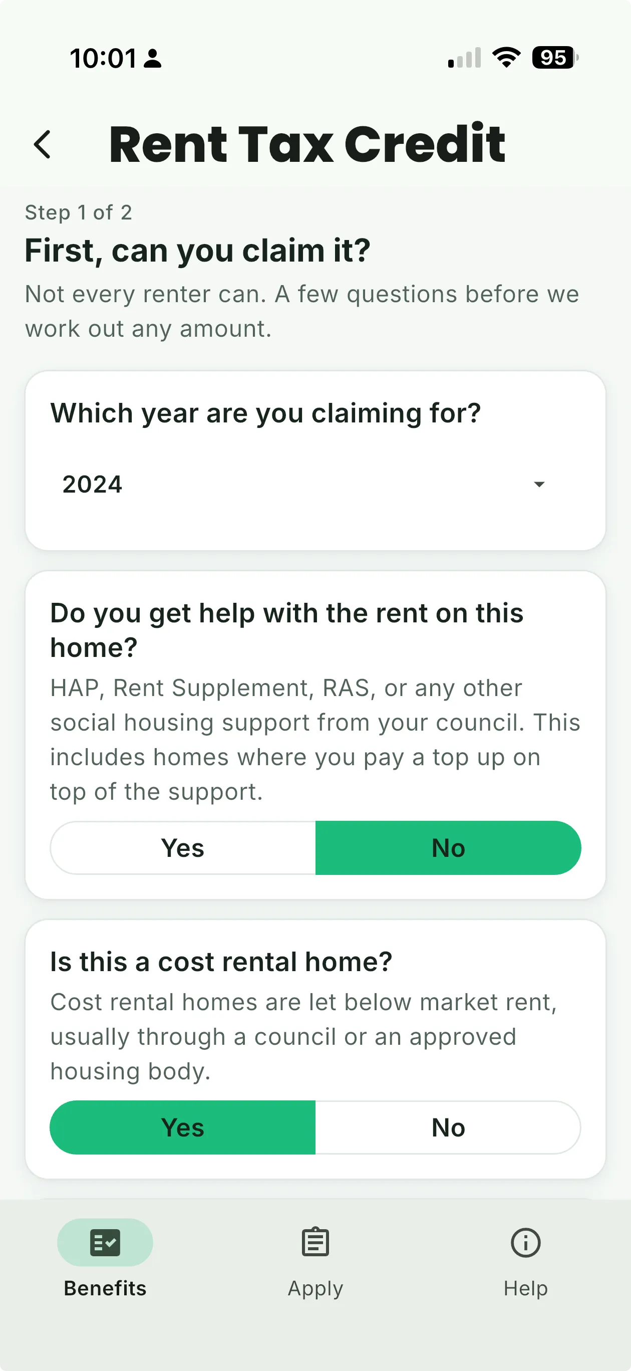 BenefitCheck Ireland Rent Tax Credit eligibility questions