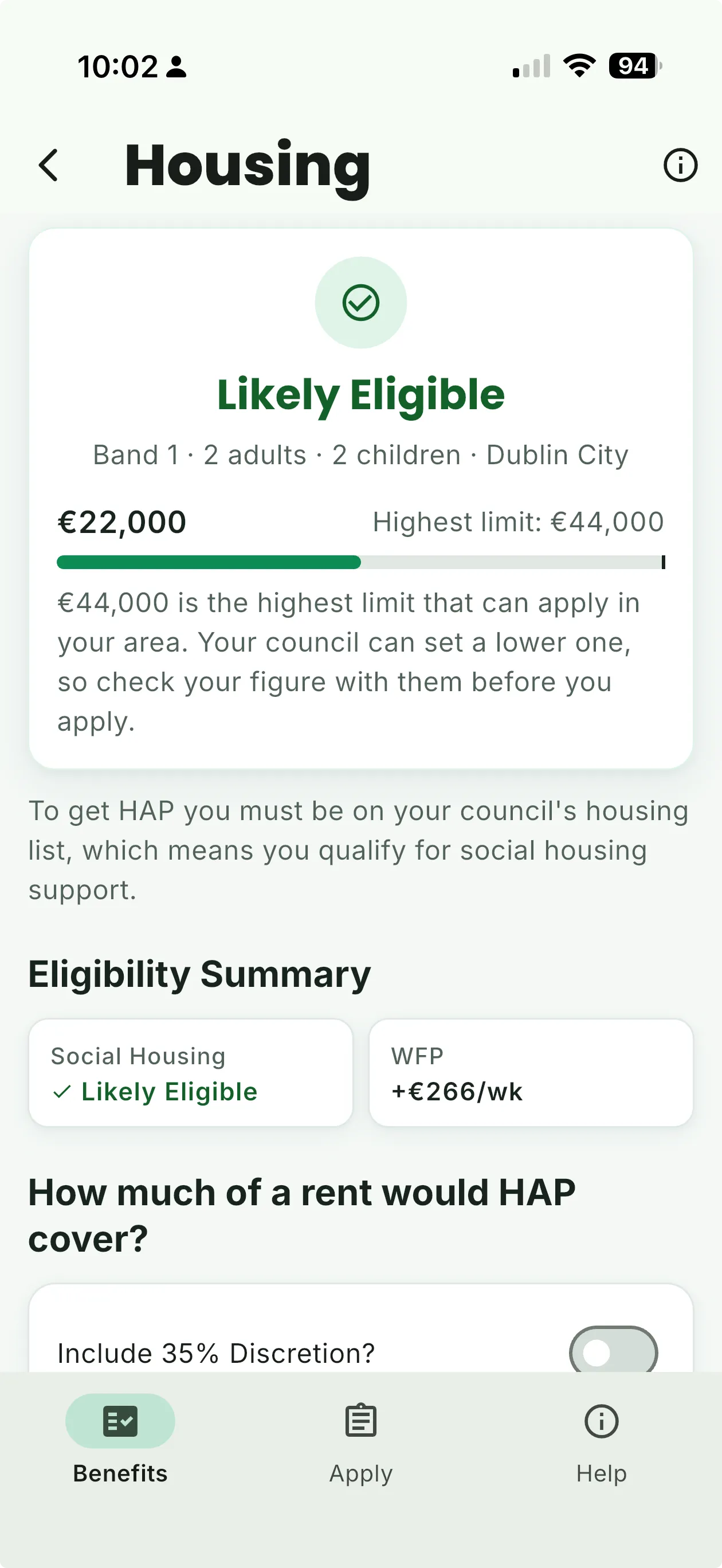 BenefitCheck Ireland housing result showing a likely eligible outcome with the rent limit for that household and council area