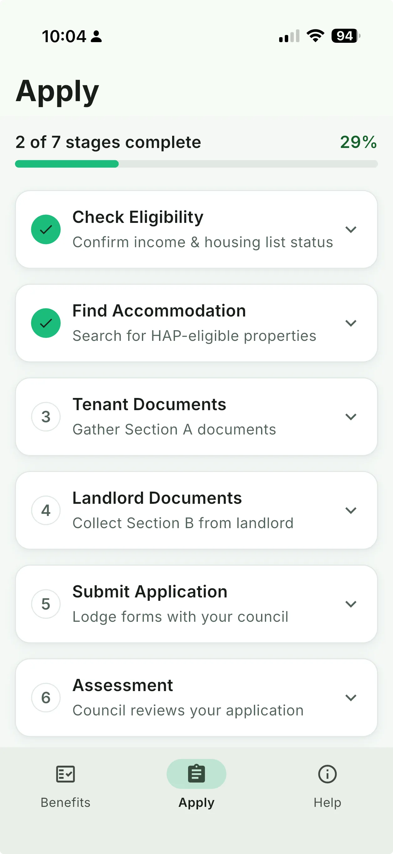 BenefitCheck Ireland application checklist showing the stages from eligibility through to council assessment