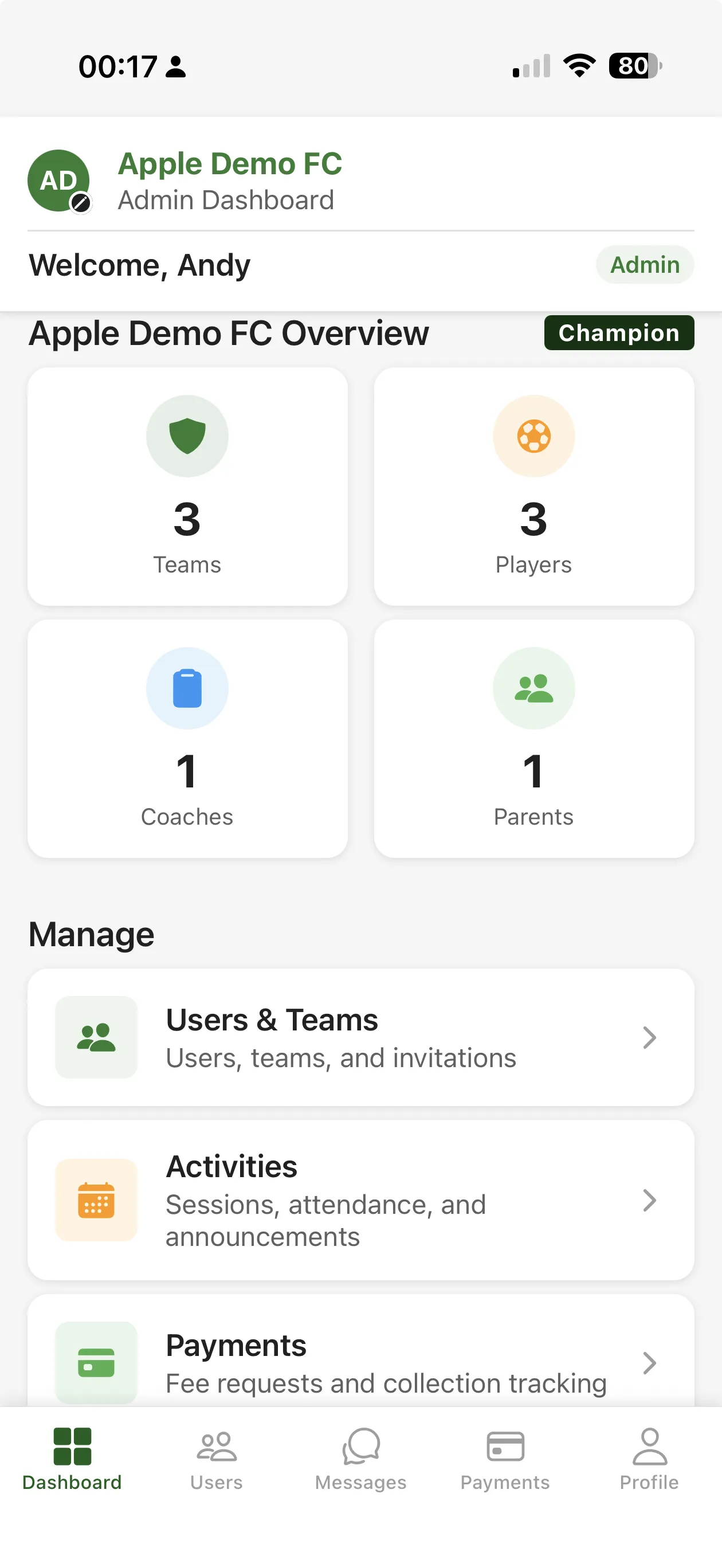 Club Team Management admin dashboard with team and player counts and links to users, activities and payments